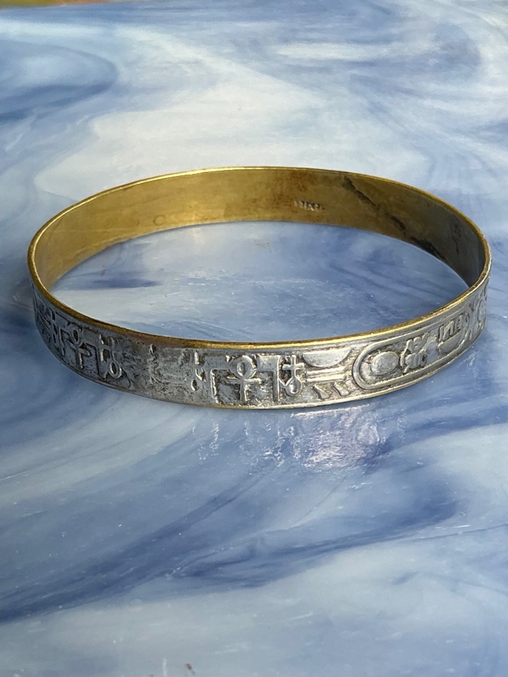 Vintage Mexican Hieroglyphic Bangle Bracelet Stamped Mixed Metal Taxco Style - Picture 10 of 15